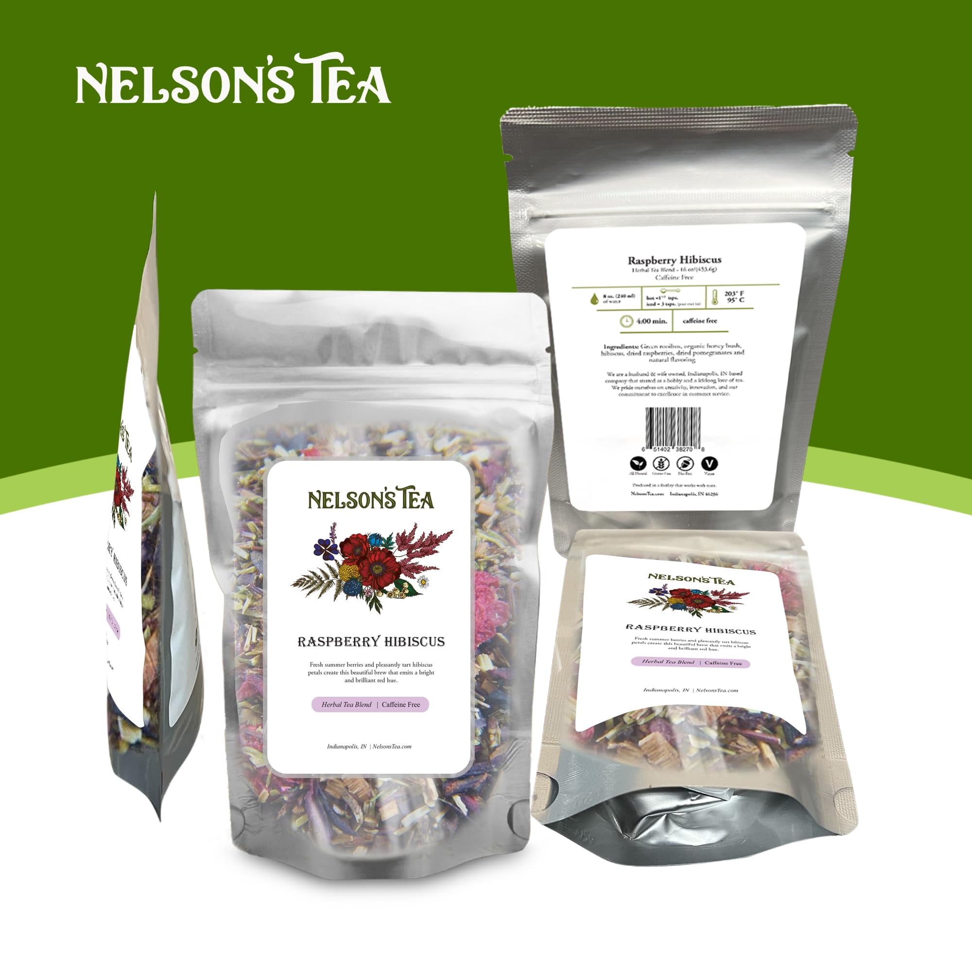 Nelson's Tea Raspberry Hibiscus Tea - Cut & Sifted Green Rooibos Tea, Honeybush, Dried Raspberries, Acai, and Pomegranate Loose Leaf Tea (16 oz)