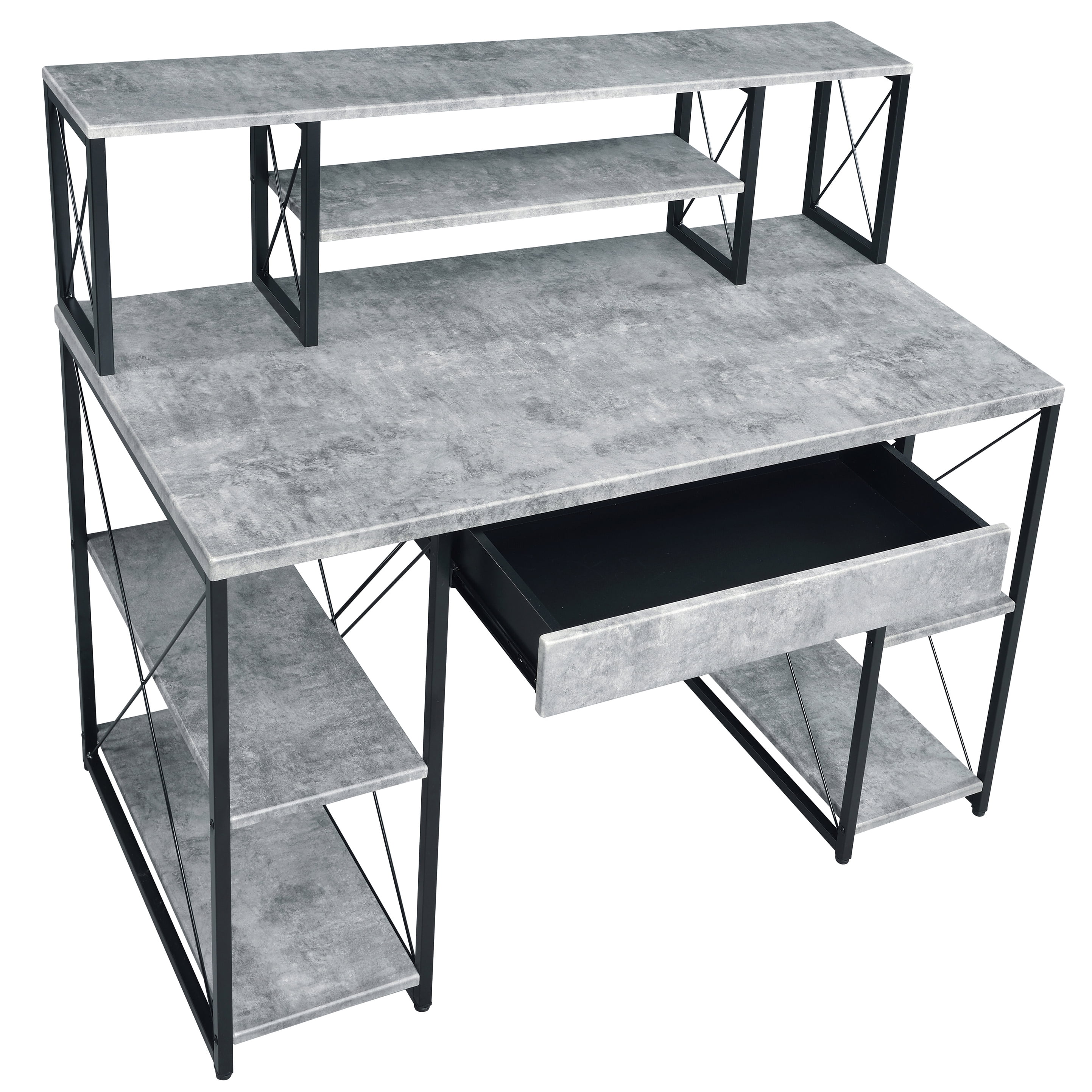 Astoutdoor Grey and Black Office Desk with Open Shelves and Hutch