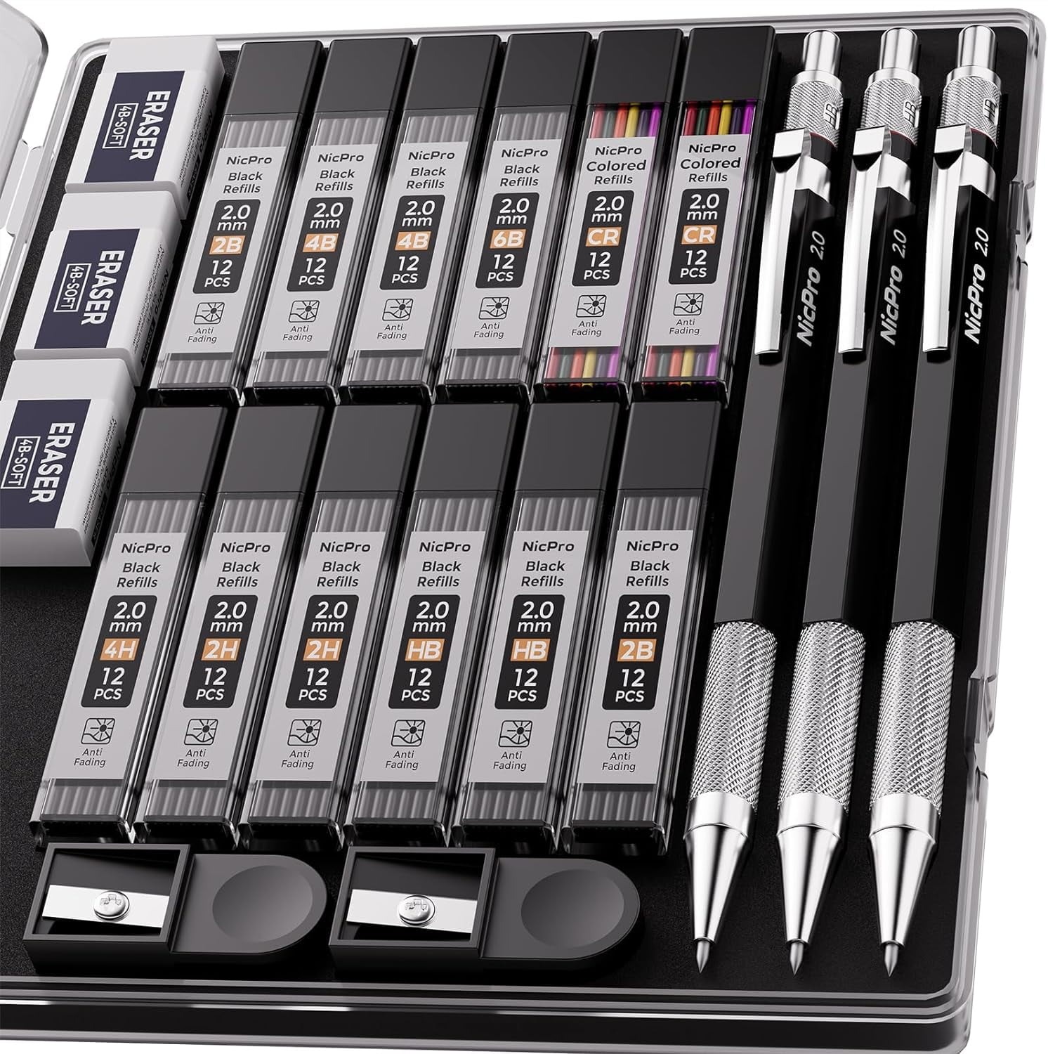 Nicpro 6pcs Mechanical Pencil Set, 0.5, 0.7, 0.9 & 2mm Gold