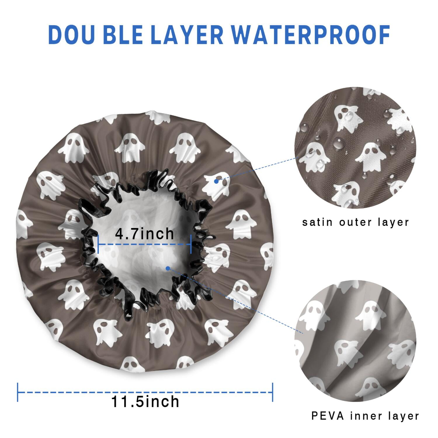 Shower Caps,Brown Halloween Ghost Pattern Waterproof Shower Cap for Women 4 Pieces,Double Reusable Hair Cover for Shower PEVA Elastic Stretch Hem