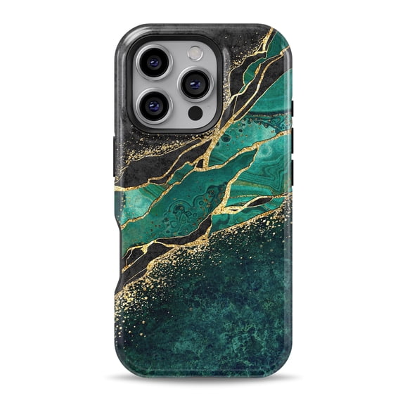 DesignSkinz Scratch-Resistant Hard Slim Case Compatible with iPhone 16 (Compatible with MagSafe) - Black & Gold Malachite