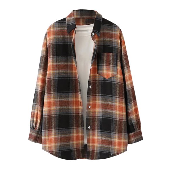 Womens Flannel Plaid Shirts Loose Fit Lapel Collar Button Down Long Sleeves Vintage Shacket Jacket Cardigan Coats Tops