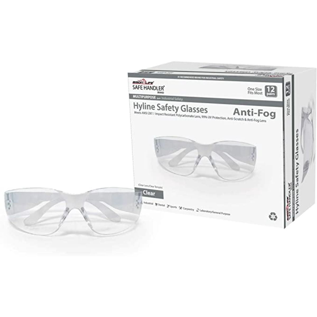 Safe Handler Hyline 12 Pack Clear Lens Clear Temple Safety Glasses For Men/Women, UV Protection