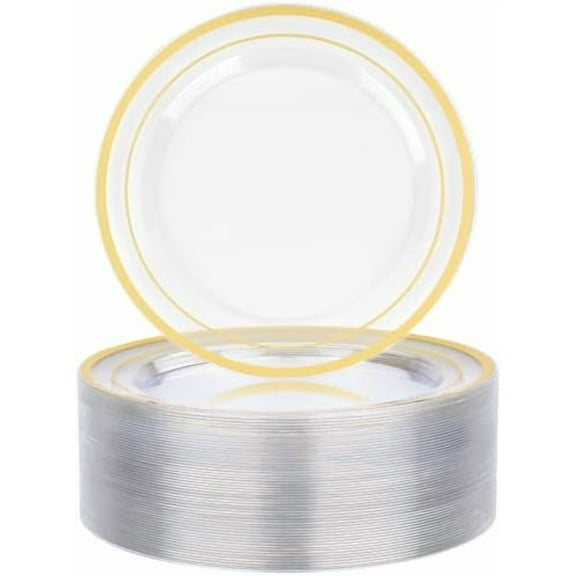 50PCS 7" Clear Gold Plastic Plates, Small Disposable Salad Dessert Plate with Gold Rim, Heavy Duty Disposable Plastic Plates for Party, Wedding and Birthday, Events