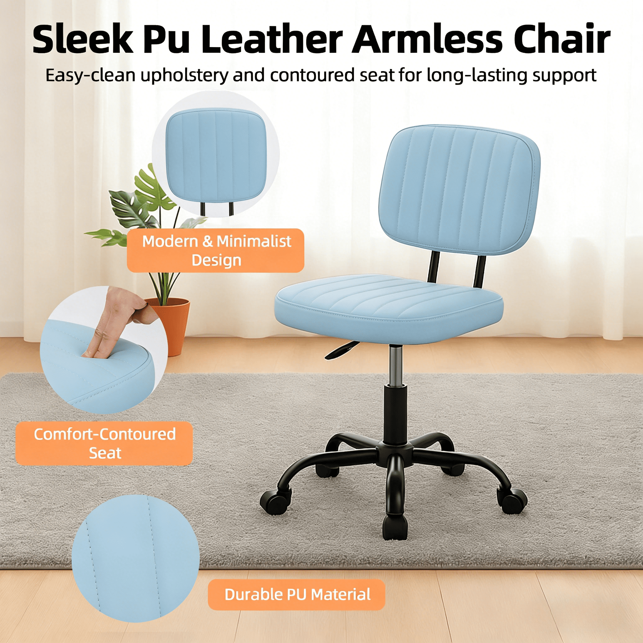 CONCETTA Ergonomic Home Office PU Leather Desk Chair, Small Space, Armless Rolling Chair for Adults, Blue