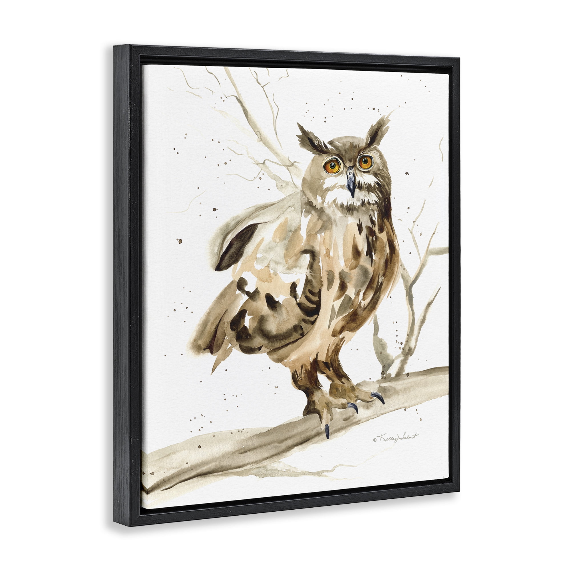 Stupell Industries Owl Perched in Tree Animals & Insects Painting Black Floater Framed Art Print Wall Art, 17 x 21