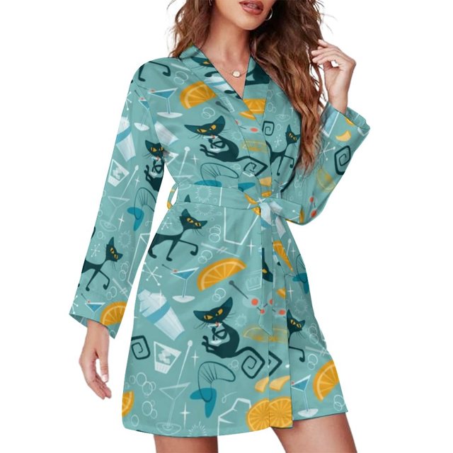 Mid-Century Print Pajama Robe V Neck Abstract Turquoise Retro Sleepwear Lady Long Sleeve Soft Pajamas Robes Spring Room Dresses
