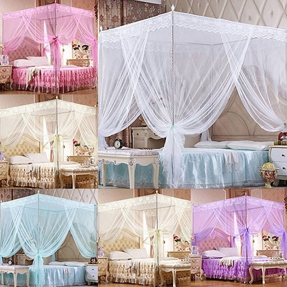Limei 4 Corners Post Pink Canopy Bed Curtain for Girls & Adults - Cute Cozy Drape Square Netting - 4 Opening - Princess Bedroom Decoration(Queen, Beige)