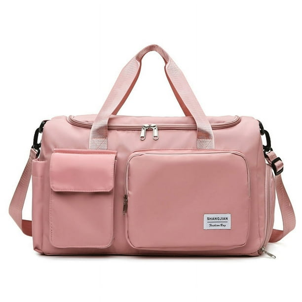 Bolsa de deporte, bolsa de viaje para mujeres y hombres de gran capacidad con compartimento para zapatos, bolsillo húmedo y funda para carrito, bolsa de fin de semana ligera y portátil, Fitness Pink