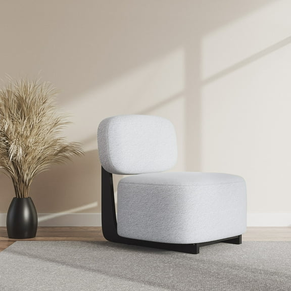 BELLEZE Modern Sherpa Accent Chair with Rubber Wood Base, Upholstered Bouclé Lounge Chair, Low-Profile Single Sofa Chair with Flat Backrest, Cozy Living Room or Bedroom Chair, White