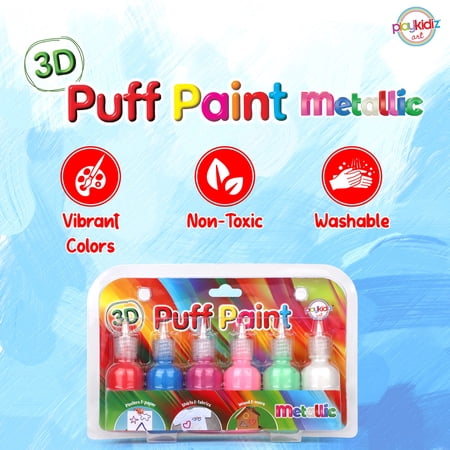 Playkidiz 3-D Art Metallic Puff Paint For Kids, 6 Pack Color Pack Squeeze Paint, Non Toxic Puff Paint Set, Washable Fabric Paint, Classic Colors, Ages 3 .