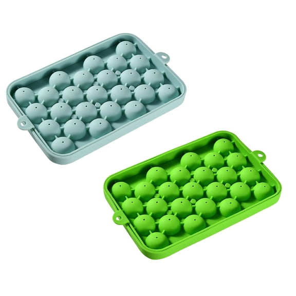 2 Pcs Silicone Ice Cube Tray with Lid, 25 Grid Small Round Ice Ball Mold, Mini Ice Cube Tray for Freezer, Stackable Round Ice Maker for Juice, 7.3"x4.9", Blue & Green