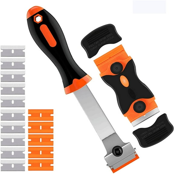 2 Set Razor Blade Scraper Label remover tool Plastic with 15 PCS Extra Blades 10PCS Metal & 5PCS for dirt cleaning from windows, walls, cars, tiles, floors (NO)