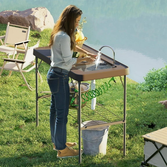Demi Bonn Folding Fish Cleaning Table with Sink, Portable Camping Table with Faucet, Drainage Hose, Sprayer & Shelf, Brown