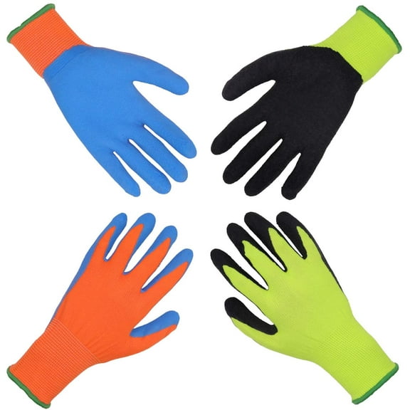 Kids Gardening Gripper Gloves for age 3-13, 2 Pairs Foam Rubber Coated Garden Gloves for girls boys (Size 5 (age 9-10)) Orange &Yellow Size 5