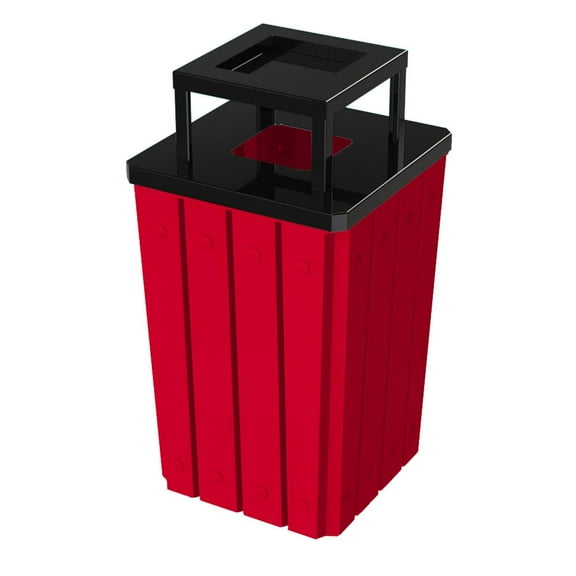 Sturdy Essentials 32 Gallon Square Slated 100% Recycled Plastic Heavy Duty Outdoor Trash Can with Ashtray Top Lid - Red