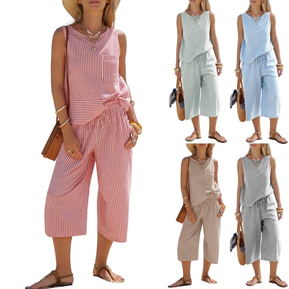 Lumtrix Womens Summer 2 Piece Outfits Striped Sleeveless Tank Top Wide Leg Capri with Pockets Pants Sets for Beach Vacation Blue XL