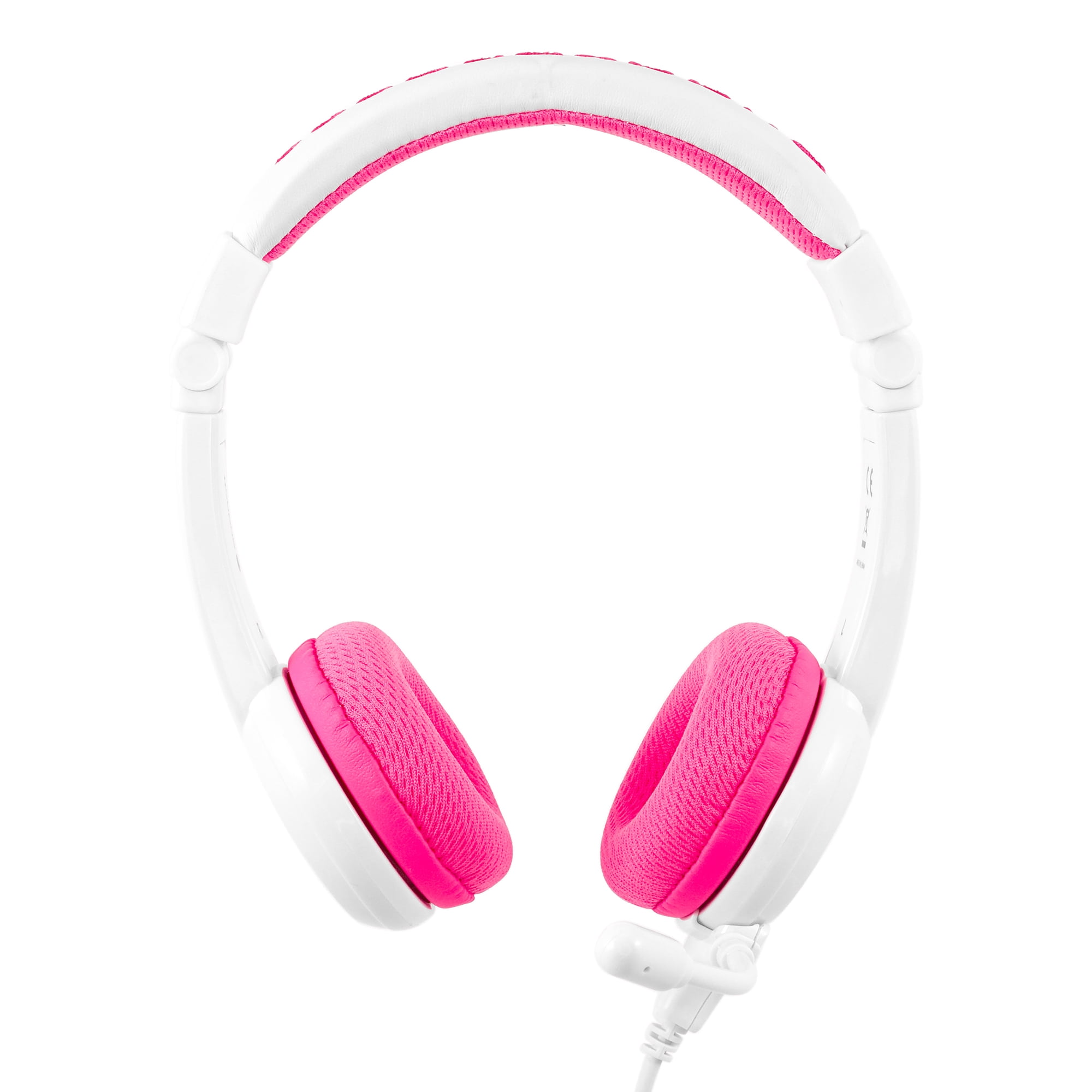 BuddyPhones School+, On-Ear Wired 85dB Volume Limiting Educational Kids Headphones with Detachable Boom Mic, Foldable, Audio Sharing Jack, Customizable Stickers, Adjustable Headband Size, Pink
