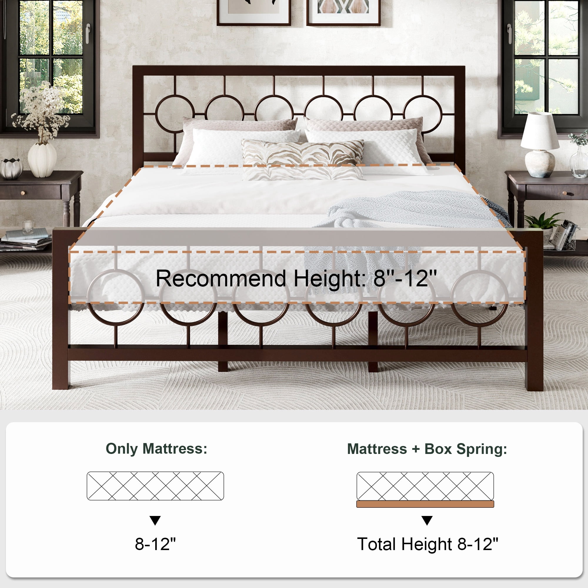 Sha Cerlin Brown King Size Metal Platform Bed Frame with Vintage Headboard & Footboard, Adult