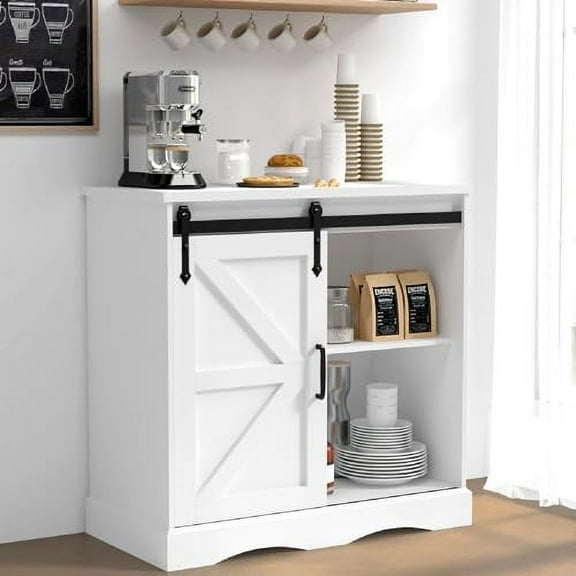 31.5" H Farmhouse Coffee Bar Cabinet w/Storage, White Kitchen Sideboard Buffet Cabinet with Sliding Barn Door, Rustic Accent Console with Adjustable Shelves, for Kitchen, Living Ro
