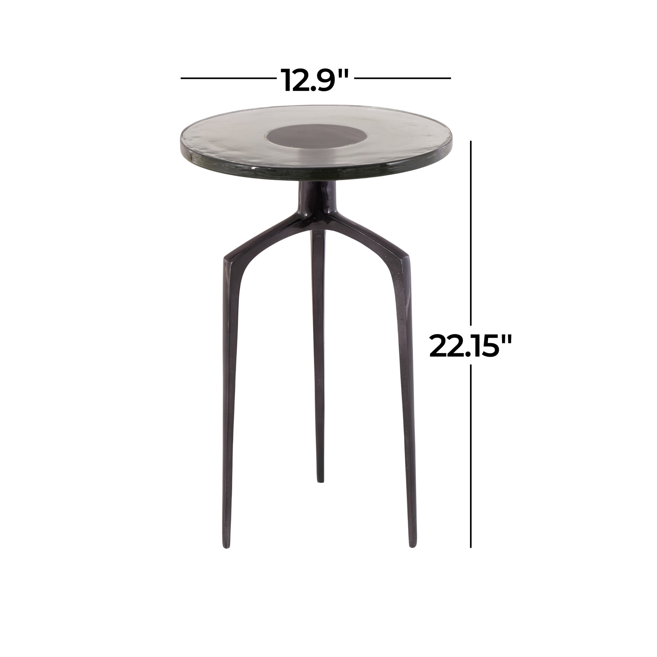 DecMode 13" x 22" Black Aluminum Metal Small Tripod Accent Table with Textured Glass Tabletop, 1-Piece