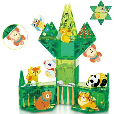 PicassoTiles 48 PC Forest Themed Magnetic Building Blocks for Kids 3+
