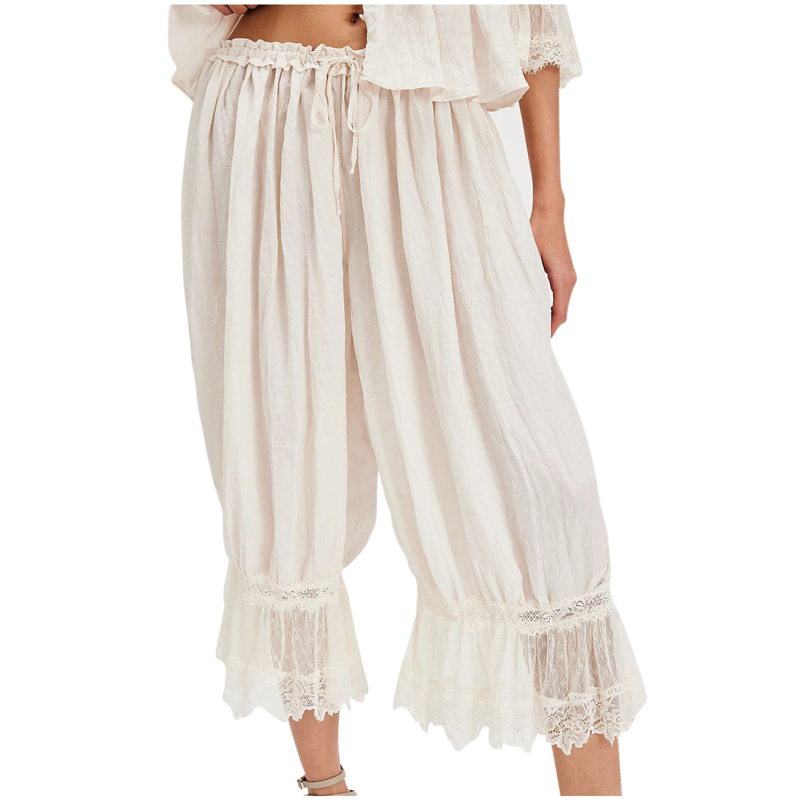 biudgviw Long Bloomer Pants for Women Mid Rise Soft Pajama Pants Lace Trim Lounge Pettipants Ruffle Cute Pj Bottoms Boho Beach Clothes