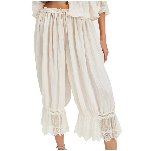 Dealovy Women Long Bloomers Elastic Mid Rise Ruffle Capri Pants Loose Fitted Cropped Pajama Bottoms