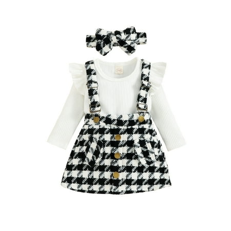 

Bagilaanoe 3Pcs Toddler Baby Girls Overalls Dress Set Ribbed Long Sleeve Ruffled Romper Tops + Plaid Suspender Skirt + Headband 6M 12M 18M 24M 3T 4T Kids Casual Outfits