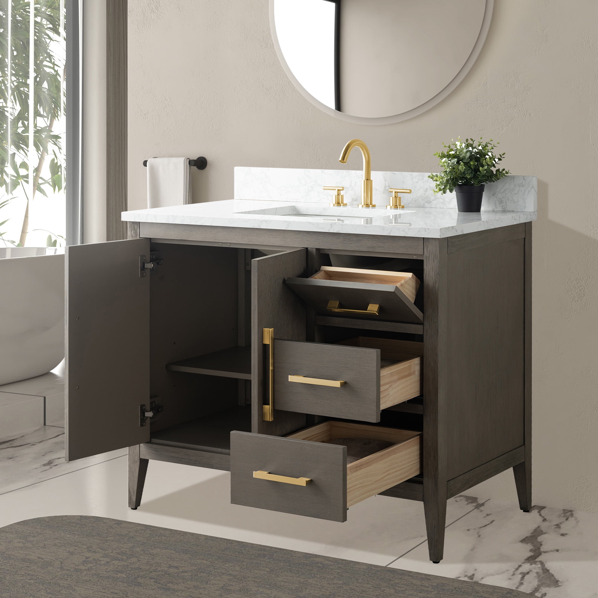 Vanity Art 42” Single Sink Bathroom Vanity Cabinet with Ceramic Countertop