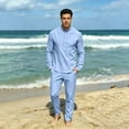thumbnail image 4 of GrmtClth Fashion Mens Long Sleeve Henley Set Stand Collar Design Top and Elastic Waist Pants Casual Travel Leisure Outfit Sky Blue M, 4 of 6
