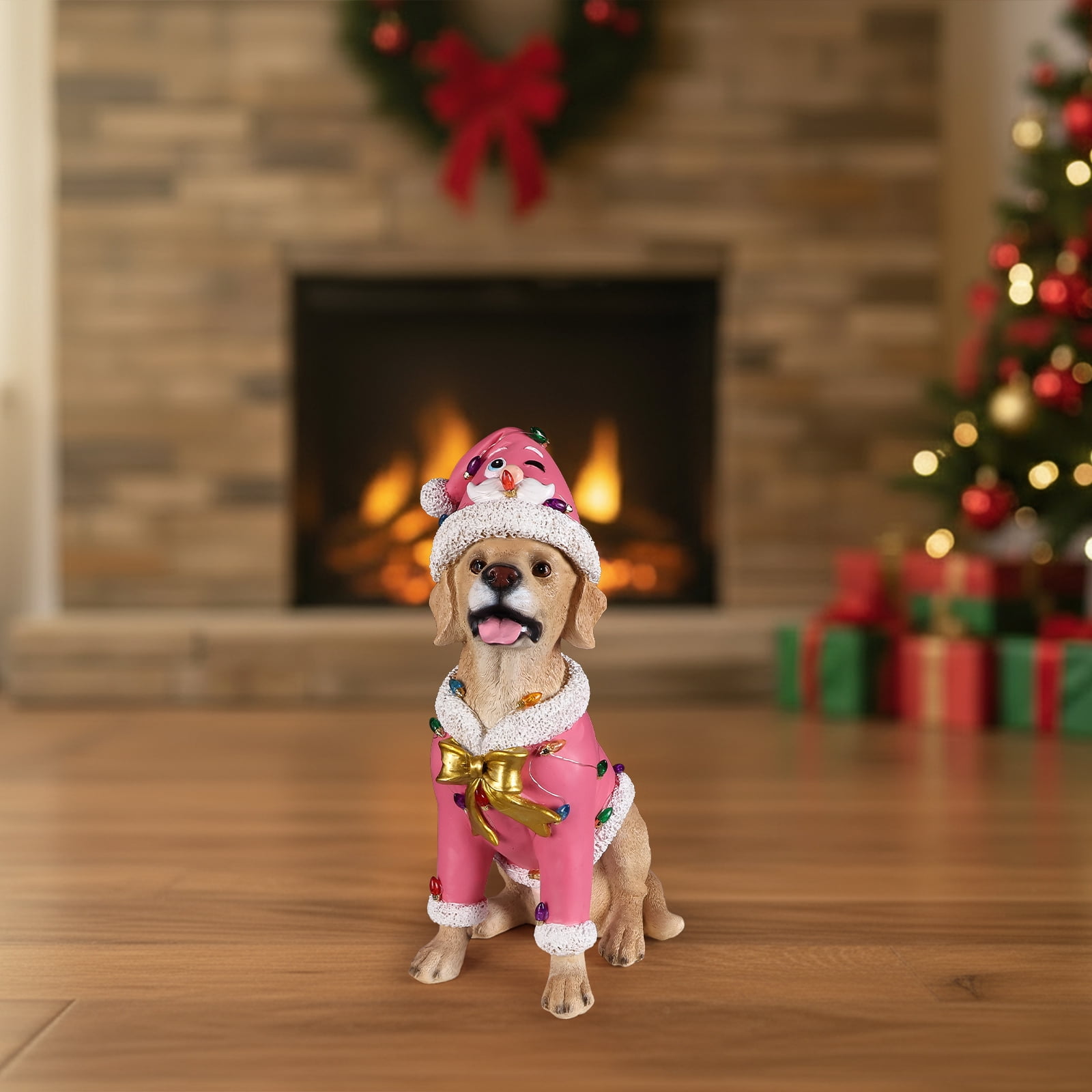 Labrador Pink Santa Outfit Christmas Dog Statue with Santa Hat Holiday Tabletop Decor