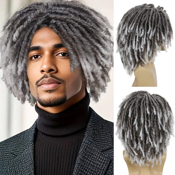 GNIMEGIL Peluca sintética con flecos Ombre Gris Peluca de pelo Rasta Pelucas de rastas para hombre Pelucas trenzadas Colly de longitud media para hombres y chicos Peluca de rastas falsas