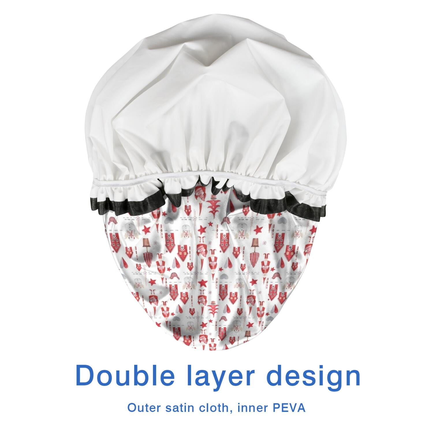 Shower Caps,Red Christmas House and Tree Pattern Waterproof Shower Cap for Women 4 Pieces,Double Reusable Hair Cover for Shower PEVA Elastic Stretch Hem
