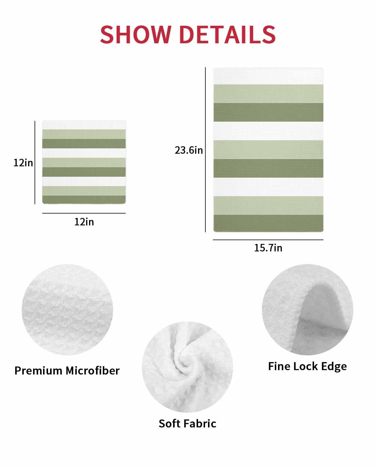 Sage Green White Striped Dish Towels Set, Waffle Weave Kitchen Towels 3 Pieces, Farmhouse Stripes Microfiber Hair Face Bath Tea Towel Absorbent Quick Drying Cleaning Dish Cloths, 12"x12"