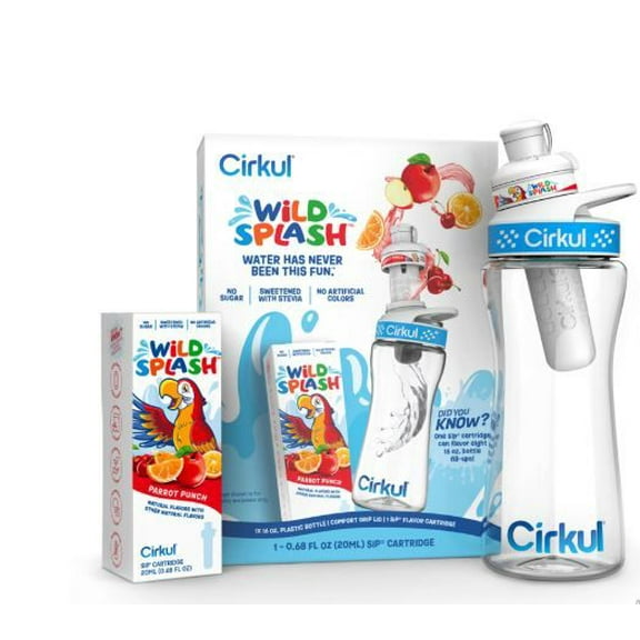Cirkul 16oz Plastic Water Bottle Starter Kit with Blue Lid, 1 Flavor Cartridge (Wild Parrot Punch)