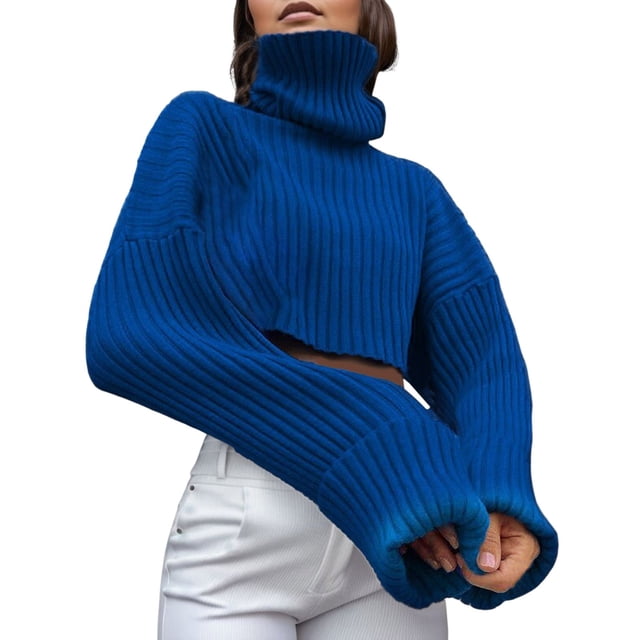 Chandail Court en Laine à Col Roulé pour Femmes Automne et Hiver Manches Tricotées Couleur Unie