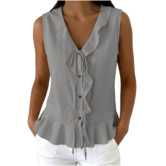 Linen Cotton Blouses For Women Summer V Neck Sleeveless Button Detail Drawstring Ruffle Trim Trendy Casual Office Weekend Errands Travel Outfit Layering