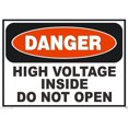 thumbnail image 1 of Señal de seguridad de metal y aluminio con el texto "Peligro de alto voltaje en el interior". Tamaño de la etiqueta: 8 x 12 pulgadas, 1 of 4