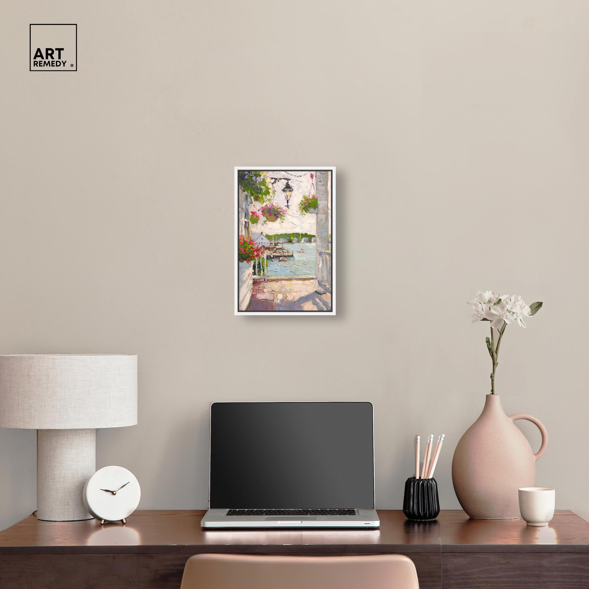 Harbor Hideaway II Canvas Pastel Oil Paintings by Art Remedy, White Frame, 10 x 15