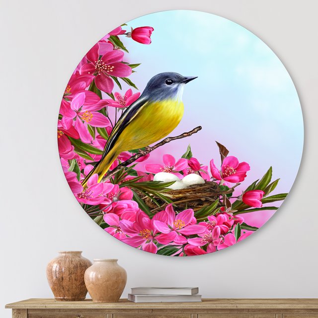 Designart - Little Yellow Bird Near The Nest with Flowers - Traditional Metal Circle Wall Art