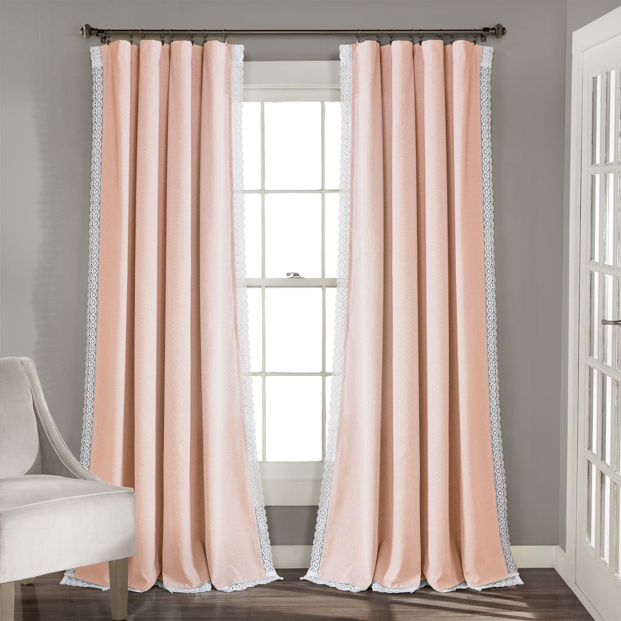 Lush Decor Rosalie Faux Linen Delicate Lace Edge Solid Color 3" Rod Pocket Light Filtering Window Curtain Panel, Ivory, 63"L x 54"W, Set of 2