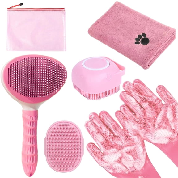 A9T Grooming Kit 5-in-1 for Dogs with Self-Cleaning Slicker Brush & Silicone Bath Gloves