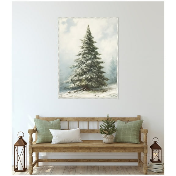 Kate and Laurel Framed Canvas Wall Art Print 'Snow Covered Evergreen Fir Tree' by The Creative Bunch Studio, 28 x 38 Sylvie Beaded White Frame, Rustic Farmhouse, Landscape Art for Wall Decor