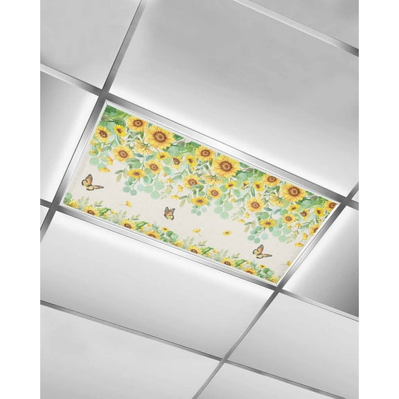 Fluorescent Light Covers for Ceiling Lights 1 Pack, Sunflower Magnetic Ceiling Light Covers 2x4ft for Classroom Office, Butterfly Summer Botanical Eucalyptus Leaves Rustic Drop Ceiling Light Shade