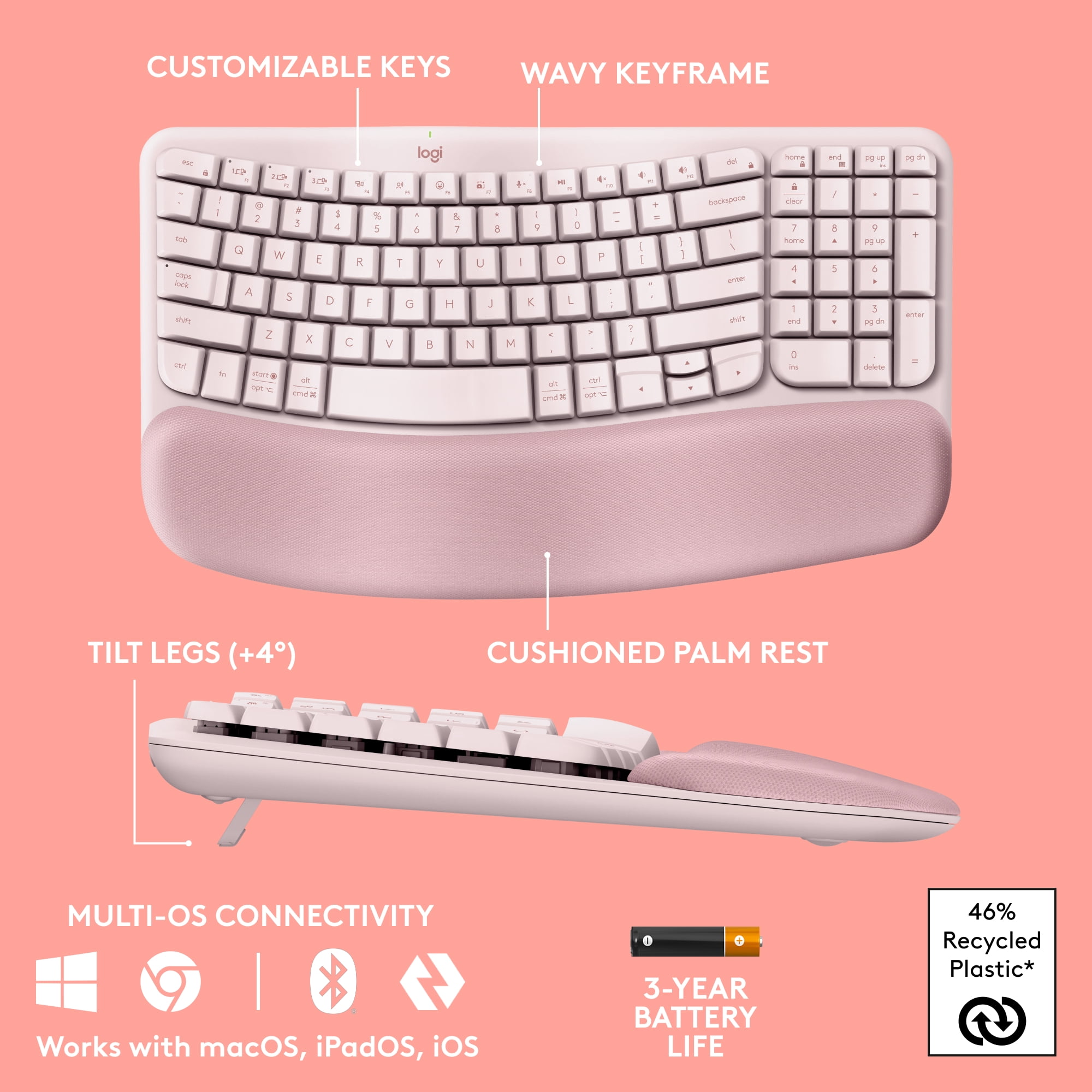 Logitech Wave Keys Wireless Ergonomic Keyboard with Cushioned Palm Rest, Comfortable Natural Typing, Easy-Switch, Bluetooth, Logi Bolt Receiver, Rose