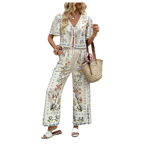 Conjunto de ropa WDIRARA para mujer, blusa y pantalones con estampado floral, color albaricoque