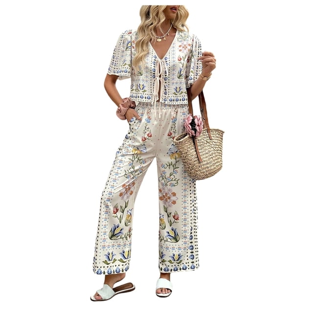 Conjunto de ropa WDIRARA para mujer, blusa y pantalones con estampado floral, color albaricoque