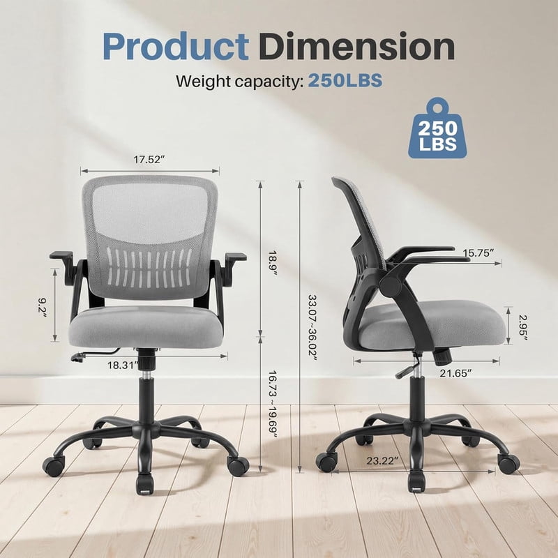 Simenmax Ergonomic Office Chair, Home Desk Computer Mesh Chair with Flip-Up Arms, Breathable Mid Back Chair for Small Spaces, Gray