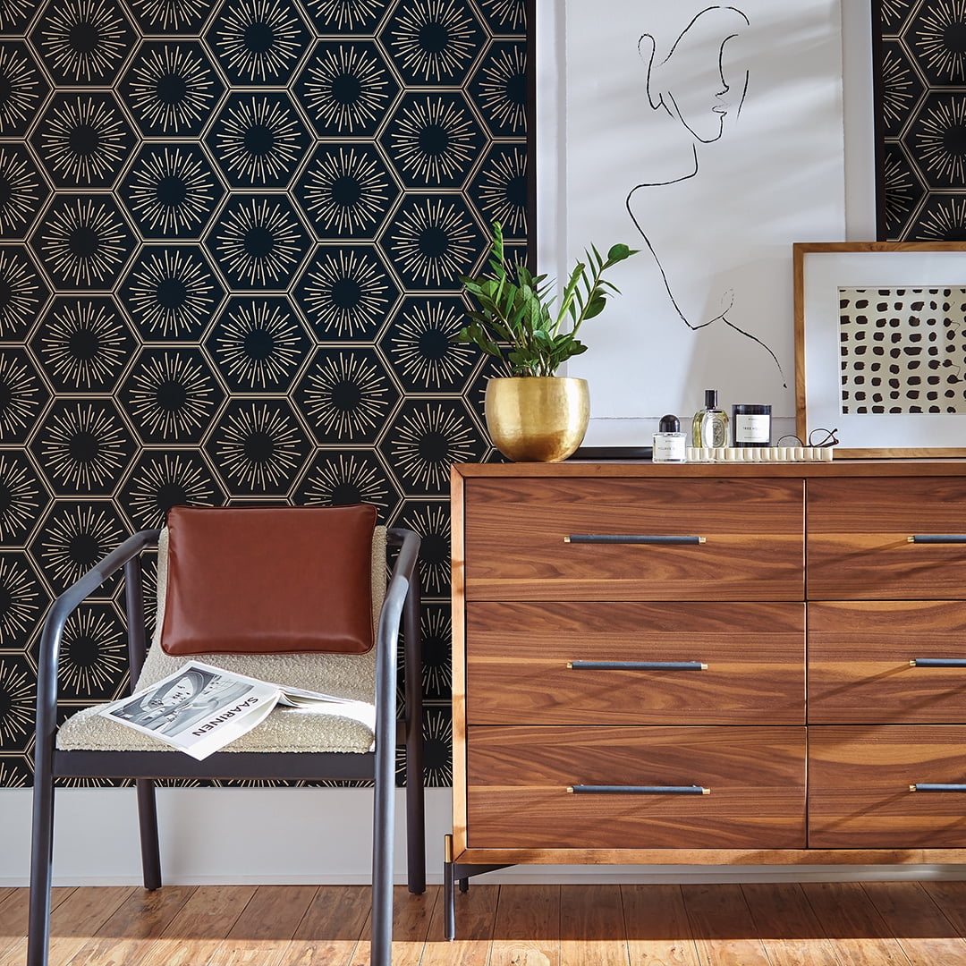 Tempaper Hello Sunshine Black & Metallic Gold Peel and Stick Wallpaper, 20.5" x 16.5'